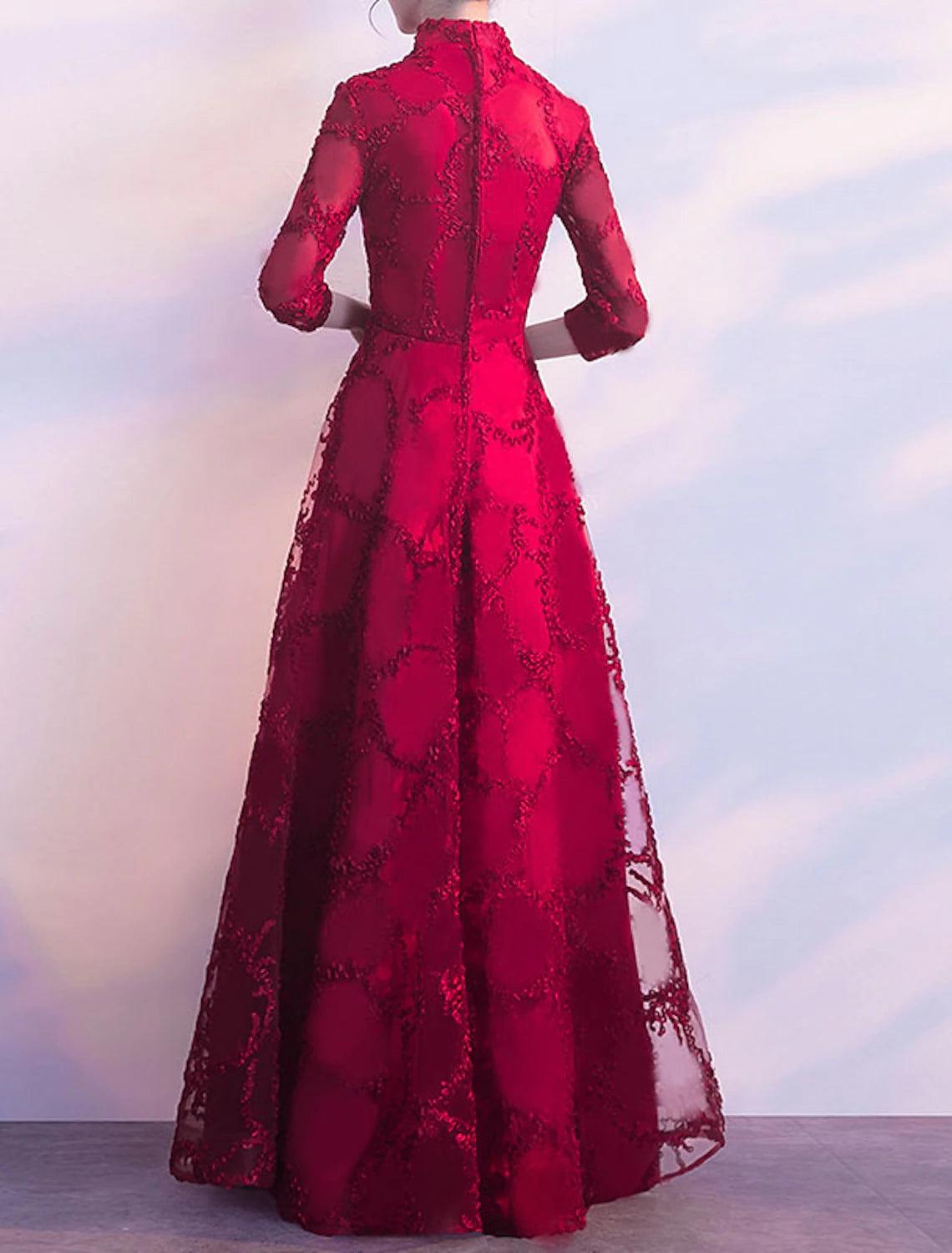 Wholesale A-Line Chinese Style Vintage Prom Formal Evening Dress Stand Collar 3/4 Length Sleeve Floor Length Tulle with Pleats Appliques